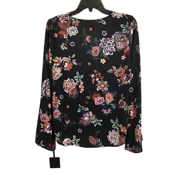 Takara Blouse Tie Front Black Floral Orange White Bell Sleeves Small - Picture 2 of 7